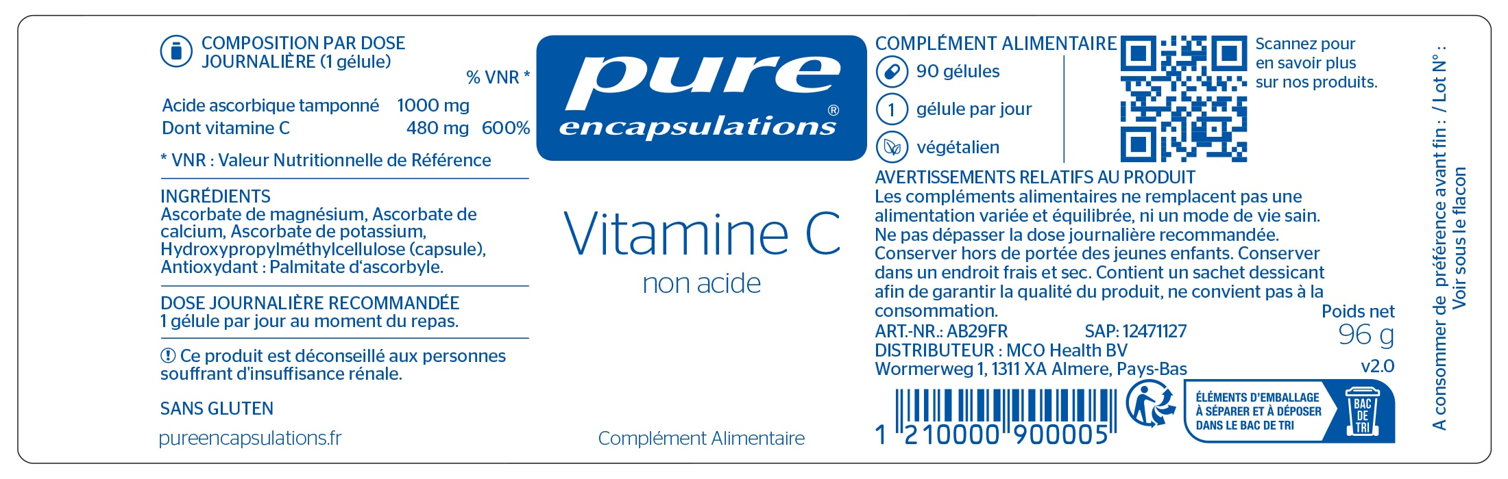 Informations nutritionnelles de la Vitamine C de Pure Encapsulations.